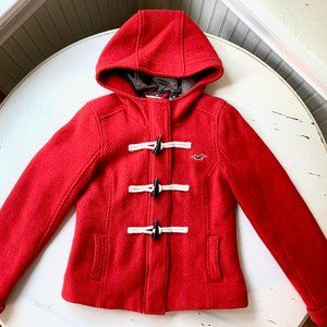 Hollister Red Wool Hoodie Toggle- Button Full-Zip Pea Coat - Sz XS
